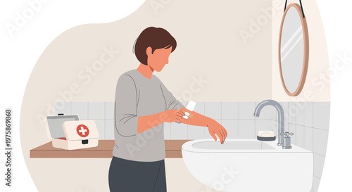 Woman Applying Bandage to Arm Wound in Bathroom