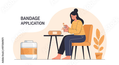 Woman Applying Bandage to Wound, First Aid and Healthcare Concept