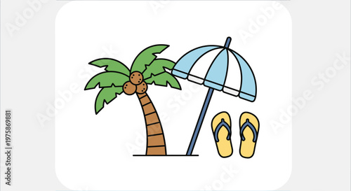 Beach scene illustration featuring a palm tree umbrella and flip flops isolated