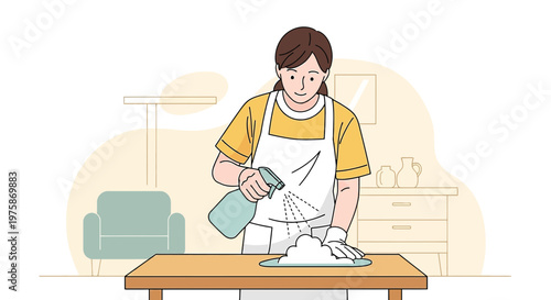 Woman cleaning table with spray bottle and cloth, home hygiene and disinfection