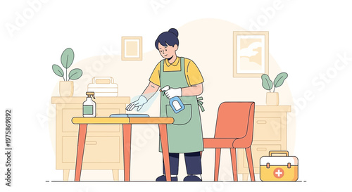 Woman cleaning table with spray bottle and cloth, hygiene concept