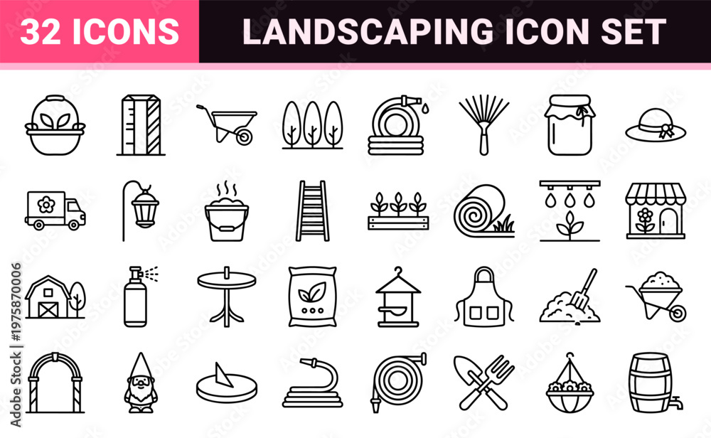 Fototapeta premium Gardening and horticulture line icons set on white grid.