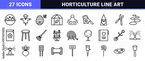 Minimalist gardening icons set in black line art style