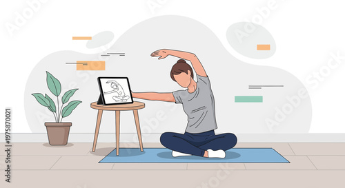 Woman doing yoga at home following online class on tablet, healthy lifestyle