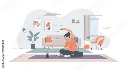 Woman doing yoga at home, following online class on tablet, healthy lifestyle
