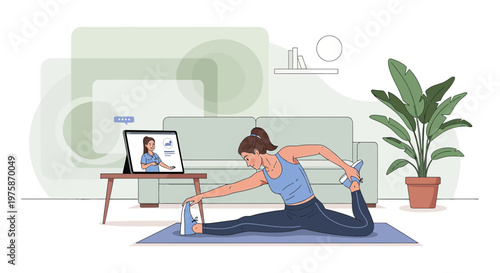 Woman doing yoga at home with online instructor on tablet