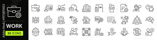 Work Web Icon Set in Linear Style. Collection of business, line icons, including management, freelancer, job, goal, teamwork, meeting, career, organization, employment and more. Editable stroke