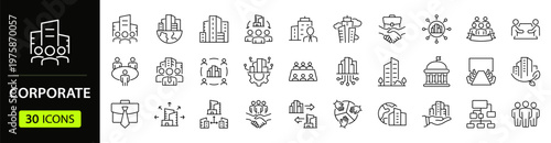 Corporate Web Icon Set in Linear Style. Collection of corporate business, line icons, including business strategy, office, management, workflow, buildings and more. Editable stroke