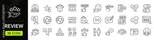 Review Web Icon Set in Linear Style. Collection of feedback, line icons, including rating, satisfaction, like, customer experience, testimonial, comment, opinion, recommend and more. Editable stroke