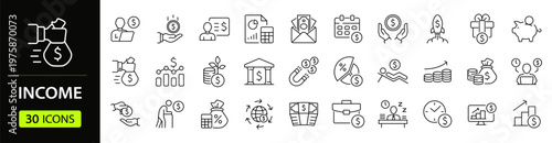 Income Web Icon Set in Linear Style. Collection of money, line icons, including money, payment, earnings, pension, economy, bonus, dividend, tax, accounting, financial and more. Editable stroke