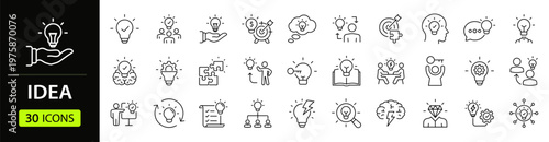 Idea Web Icon Set in Linear Style. Collection of creative idea, line icons, including creativity, thinking, light bulb, innovation, solution, inspiration, business, thinking and more. Editable stroke
