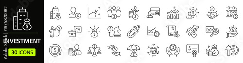 Investment Web Icon Set in Linear Style. Collection of finance and money, line icons, including profit, investor, portfolio, asset, management, financial gain, interest and stock. Editable stroke