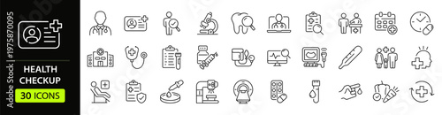 Health checkup Web Icon Set in Linear Style. Collection of medical check up, line icons, including healthcare, diagnosis, hospital, stethoscope, tests, health insurance, patient. Editable stroke