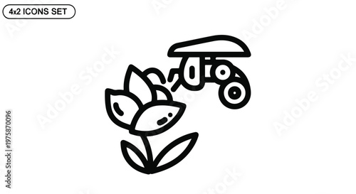 Black Outline Tractor Plowing Flower Icon Vector