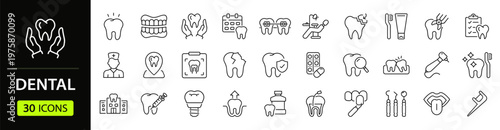 Dental Web Icon Set in Linear Style. Collection of dentistry, line icons, including tooth, implant, dentist, stomatology, smile, caries, braces, toothbrush, toothpaste and more. Editable stroke