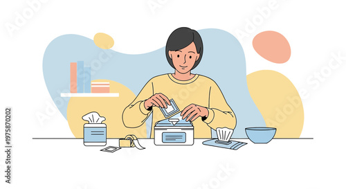 Woman preparing medical supplies for wound care, home healthcare, and first aid kit organization