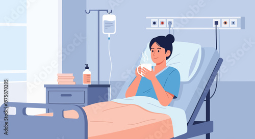 Woman recovering in hospital bed, drinking hot beverage, receiving IV drip