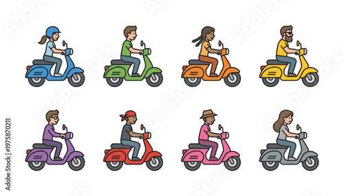 Set of diverse cartoon characters, men and women, riding colorful scooters. Vector illustration for transport, delivery, city life, and community concepts.