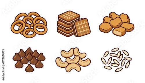 Set of various snack food icons. Collection includes sweet and savory snacks like cookies, nuts, chocolate, and nuggets. Vector illustration for menu or web.