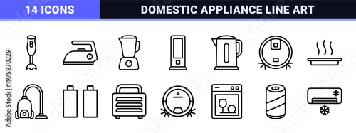 Minimalist household appliances line icons for kitchen and home electronics.