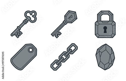 A vector icon set of fantasy items: key, lock, chain, tag, and gem. Perfect for RPG, video games, quests, and adventure themes. Simple grey graphic elements.