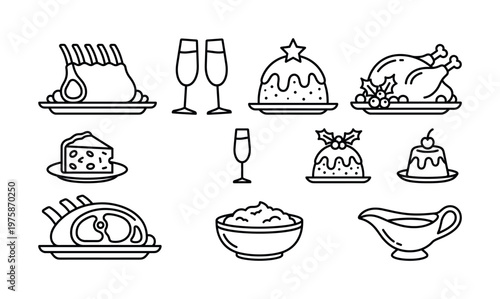 Set of traditional holiday dinner food icons. Includes turkey, pudding, and champagne. Minimalist black line art for Christmas or Thanksgiving designs and menus.