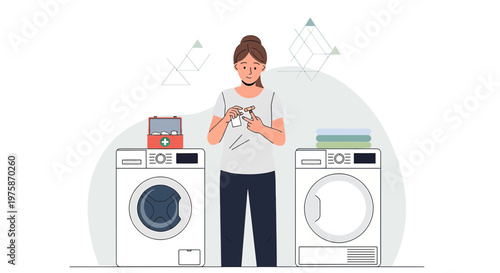 Woman sorting laundry near washing machine and dryer with first aid kit