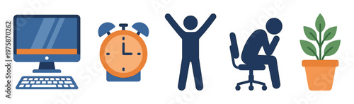 A set of flat vector icons illustrating office life concepts like work, deadlines, stress, success, and balance. Perfect for business or web infographics.