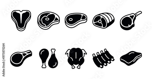 A collection of meat and poultry icons. Set of simple glyph symbols for butchery, steakhouse, or menu design. Includes steak, chicken, pork, and beef cuts.