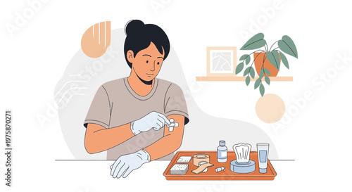Woman self-administering injection at home with medical supplies on tray