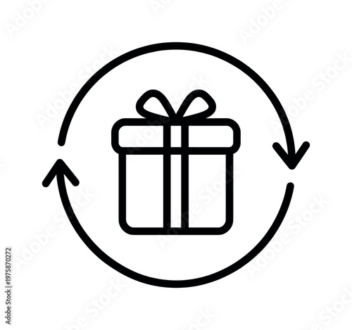 Minimalist line icon of a gift box in a circular arrow, symbolizing exchange, returns, or a recurring subscription service. Perfect for e-commerce and loyalty programs.