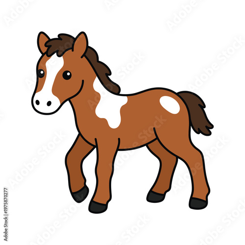 A cute cartoon foal with brown and white spots. This charming pony vector is perfect for children's books, nursery decor, and educational farm animal designs.