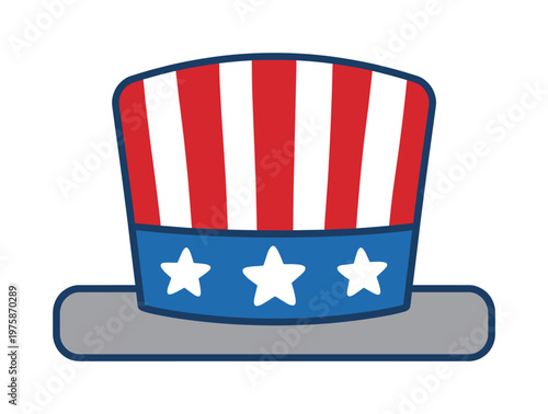 Patriotic Uncle Sam hat illustration. This American symbol with stars and stripes is perfect for USA holidays like the 4th of July, elections, and national events.