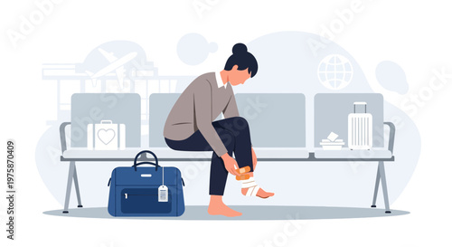 Woman with Bandaged Ankle at Airport Waiting Area, Travel Injury Concept
