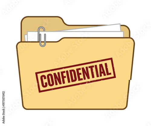 Vector illustration of a confidential file folder with a red stamp. Represents secret documents, private information, data security, and office archives.