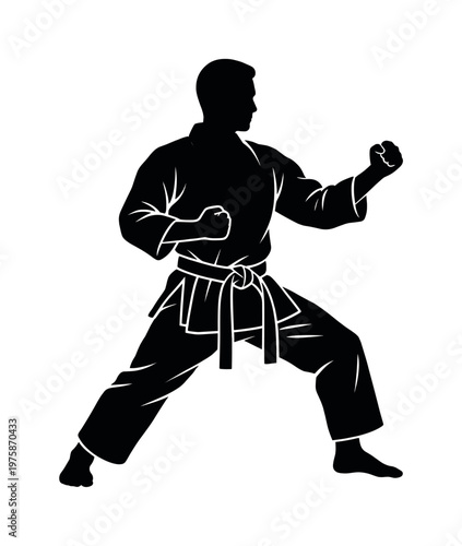 Black silhouette of a man in a karate fighting stance. Vector illustration for sports clubs, self-defense classes, or martial arts training concepts.