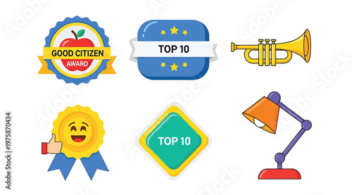 Set of various award badges, icons, and schoolrelated illustrations