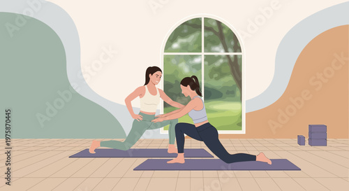 Yoga Instructor Assists Student in Lunge Pose by Large Window with Nature View