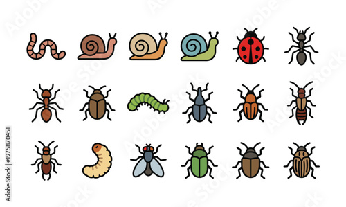 Colorful icon set of various insects and bugs like ants, beetles, and snails. Flat cartoon vector design for educational or nature projects.