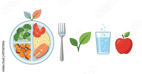 Healthy food plate vector illustration. A balanced meal with salmon, vegetables, and fruit for diet, nutrition, and wellness concepts. Clean, modern flat design.