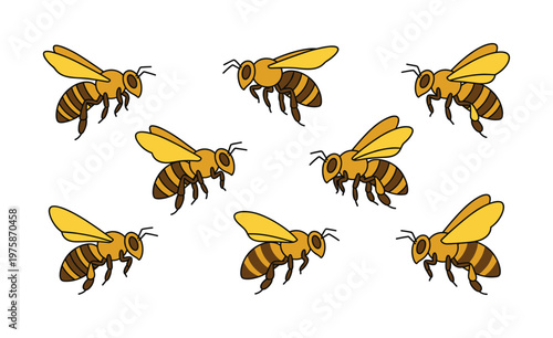A group of stylized cartoon honeybees flying. Vector illustration set perfect for nature, ecology, children, or honey product themes.