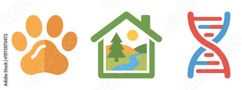 A collection of three colorful flat vector icons. Features an animal paw print, a house with a nature scene, and a DNA helix. For pet, eco, and science concepts.
