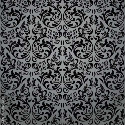 Wallpaper in the style of Baroque. Gray and black floral ornament. Seamless vector background. Graphic pattern for fabric, wallpaper, packaging. Ornate Damask flower illustration