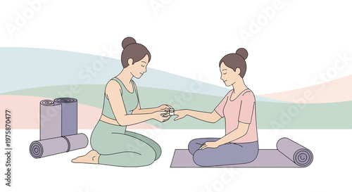 Yoga Instructor Assists Student with Pulse Oximeter During Practice Session