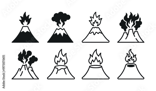 A collection of minimalist volcano vector icons. Shows various eruption styles with fire and smoke. Ideal for geology infographics, hazard signs, or app design.