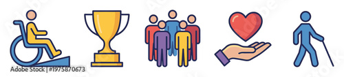 A set of colorful icons representing disability, diversity, support, and achievement. Vector symbols for concepts like inclusion, community, care, and competition.