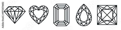 A collection of various diamond cut shapes. Minimalist vector line art icons of gemstones for jewelry branding, logos, and luxury design.