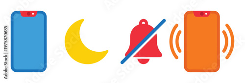 Vector icon set for mobile phone modes. Includes silent, night, do not disturb, and vibrate functions. Flat design for UI, app, and web interfaces.