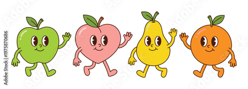 A set of cute retro fruit characters walking and waving. This collection of happy mascots includes an apple, peach, pear, and orange. Fun vector for kids.