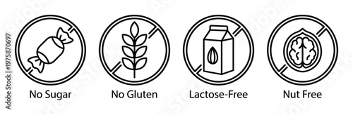 Set of allergen-free food icons. Includes no sugar, gluten-free, lactose-free, and nut-free symbols. Perfect for packaging, menus, and health-related design.